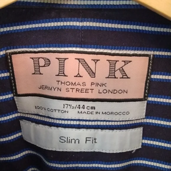 Thomas Pink Navy Blue/White Stripe Slim Fit Shirt 17.5 - Picture 4 of 8